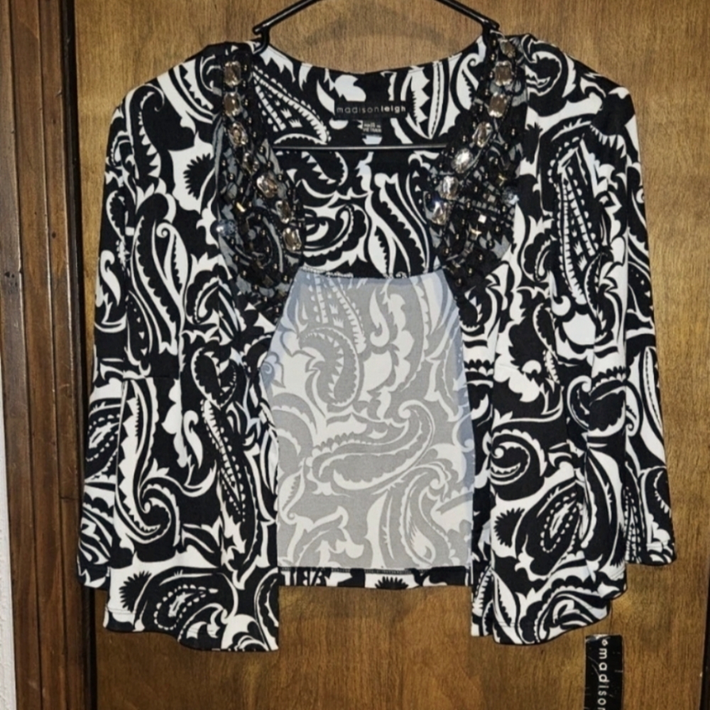 Madison Leigh Cropped Open Jacket Size 12 Black And White Ladies/Women's/Womans